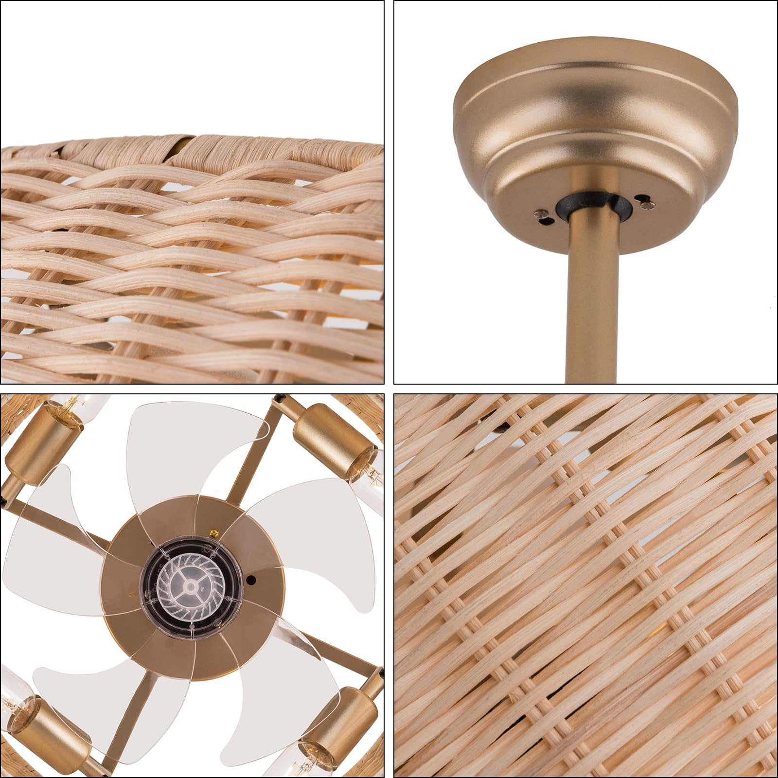 Bambusowy wentylator sufitowy z oświetleniem i pilotem zdalnego sterowania, cichy, 6-biegowy, odwracalny silnik, lampa sufitowa, ręcznie tkany naturalny rattan, 45 cm