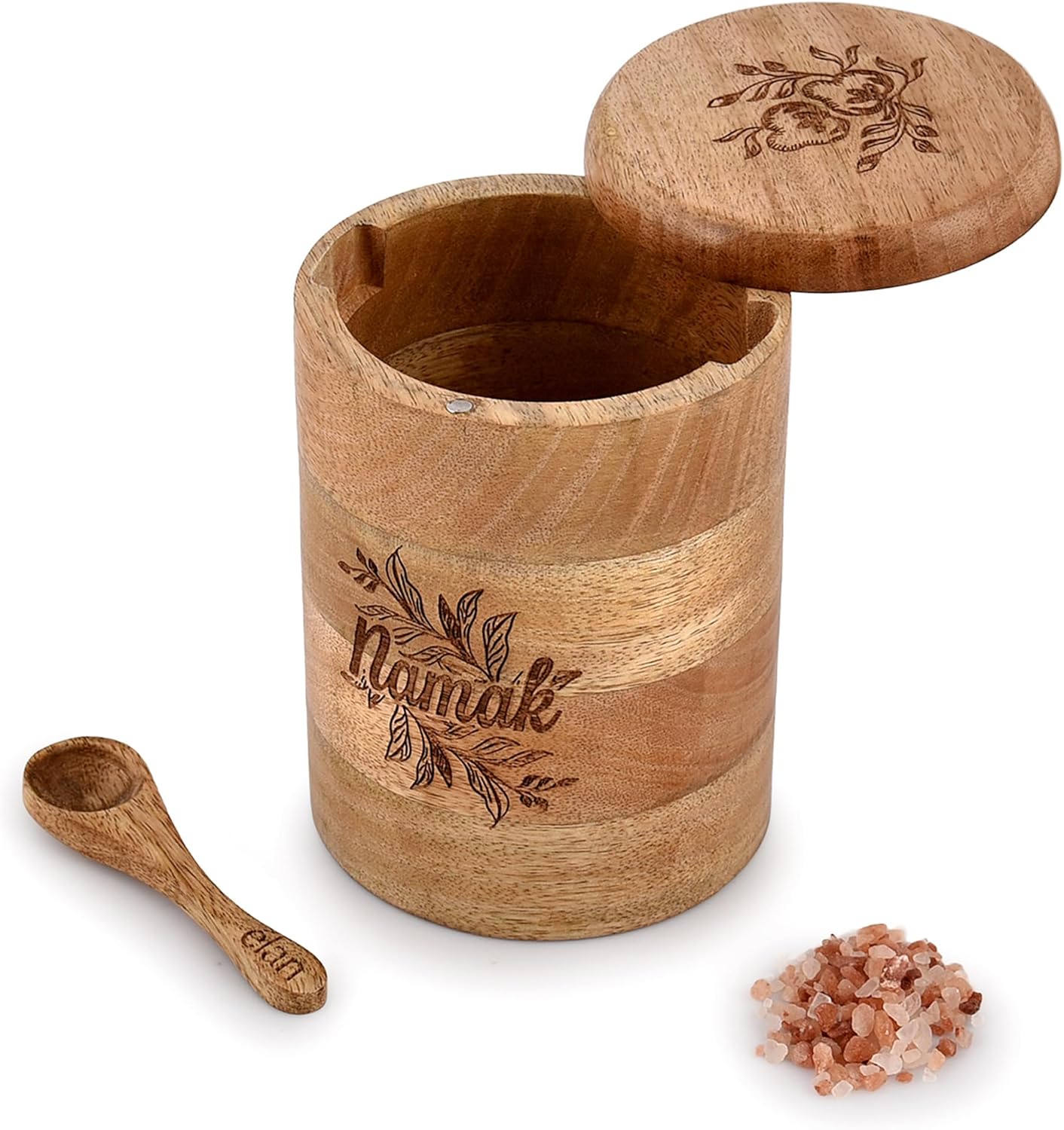 Elan Gingham & Blooms Wooden Salt Box with Spoon – Mango Wood Salt Storage Jar with Engraved Artwork & Swivel Lid | 900 gm Capacity (11.5 x 11.5 x 16 cm)