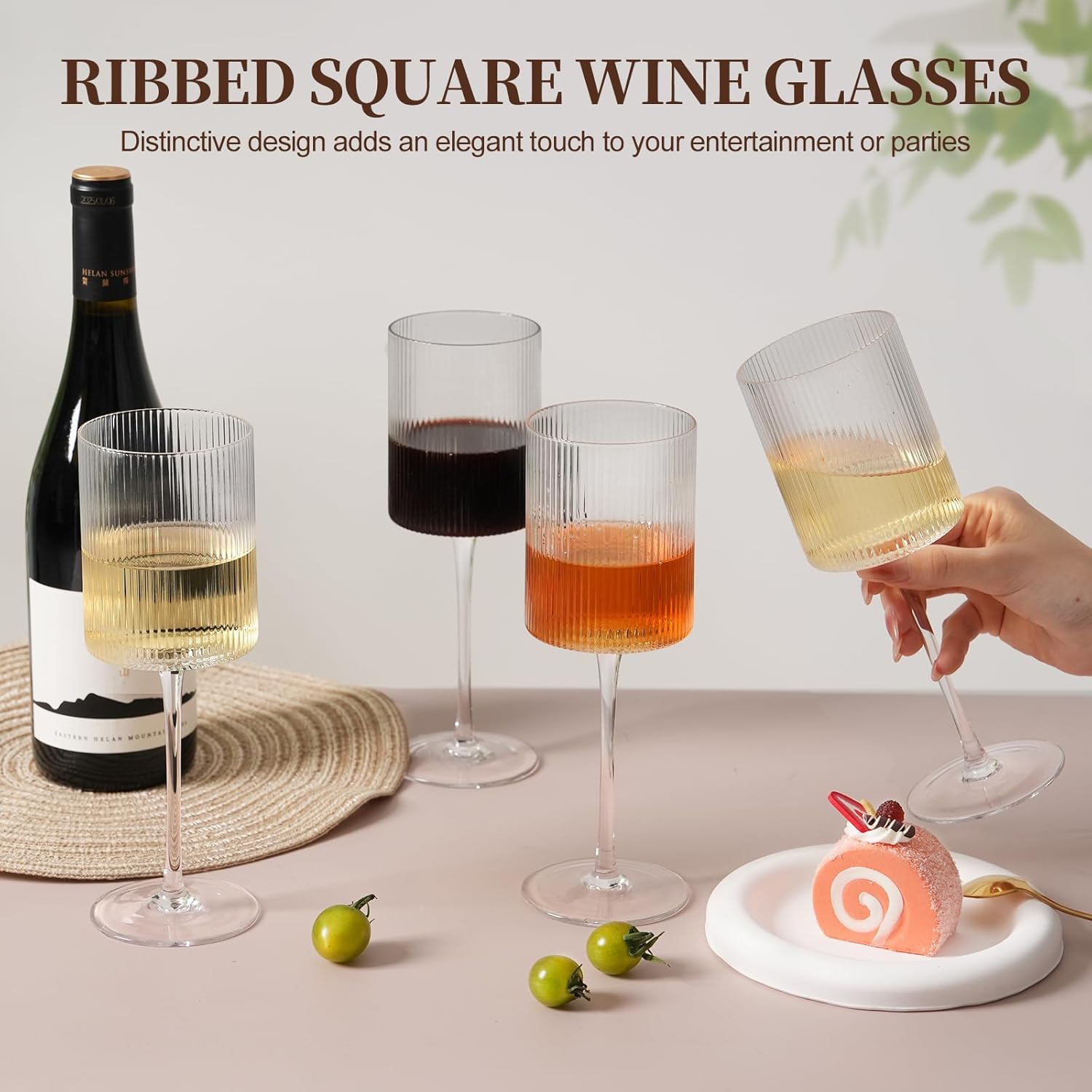 LUXULISH Ribbed Square Wine Glasses Set of 4, Vintage 13Oz White Red Wine Glass, Hand Blown Crystal Wine Glasses - Gifts for Women, Men, Wedding, Anniversary, Christmas, Birthday