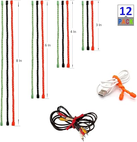 Miniatura 7 de Lazos de silicona para cables, 12 lazos de goma con núcleo de acero, lazos reutilizables para cables de alambre, organizador de correas de sujeción