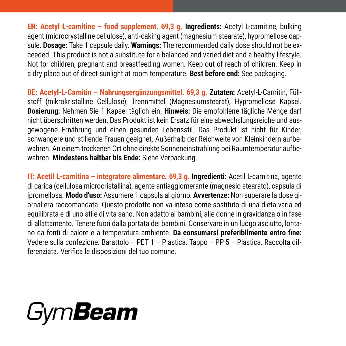 GymBeam Acetil L-Carnitina, 500mg, Bruciagrassi Nootropico, Adatto ai Vegani, Capsule Facilmente Assorbibili, Acetil Carnitina per l'Energia e il Trasporto di Acidi Grassi, Acetyl L Carnitina