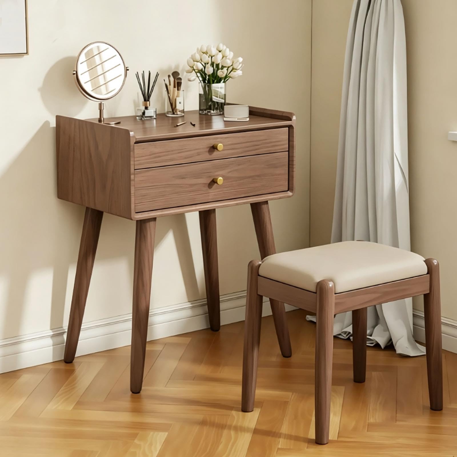 Massivholz Schminktisch 2-in-1 mit Hocker und Schubladen für Schlafzimmer