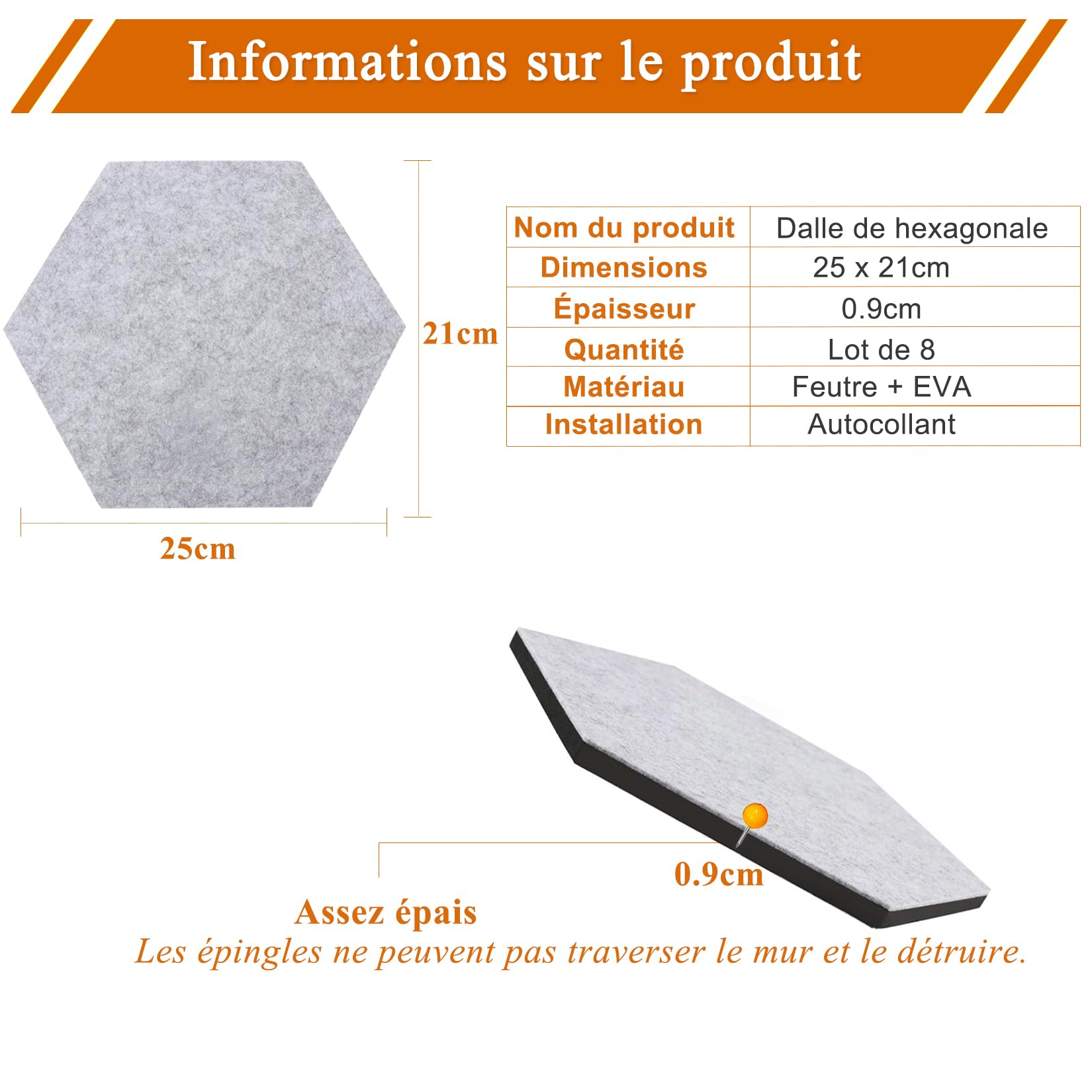 Lot de 8 dalles hexagonales en feutre et liège, autocollantes, pour tableau d'affichage, bureau, école, maison, décoration murale, autocollants, mémos, photos(Camel et Gris)