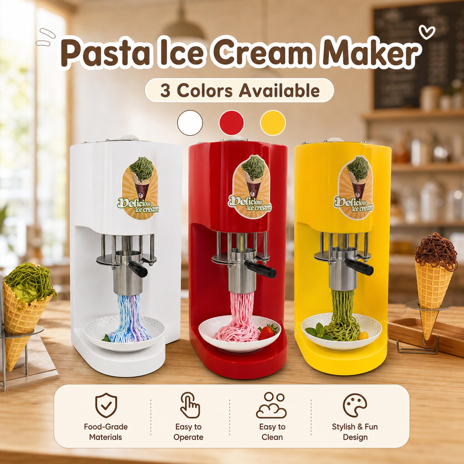 Macchina per Gelato Professionale, MáQuina para Hacer Helado Tipo Espagueti, Fácil manejo con una Sola Mano, Estructura Ligera, para Hacer Helado de Pasta, para Food Trucks White
