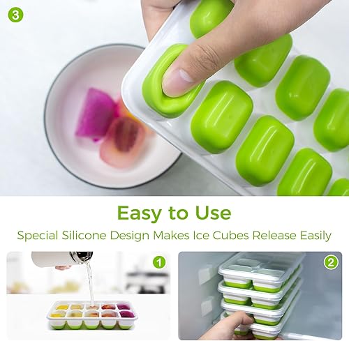 Miniatura 3 de DOQAUS Bandejas para cubitos de hielo, paquete de 4, bandejas flexibles de silicona de fácil liberación y 14 cubitos de hielo con tapa extraíble