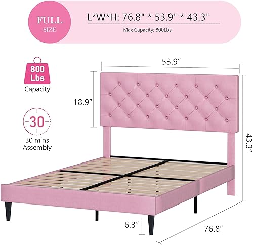 Miniatura 2 de BarnFurin Base de cama de tamaño matrimonial con cabecero, cama de plataforma tapizada con cabecera capitonada con botones ajustables, marco de cama