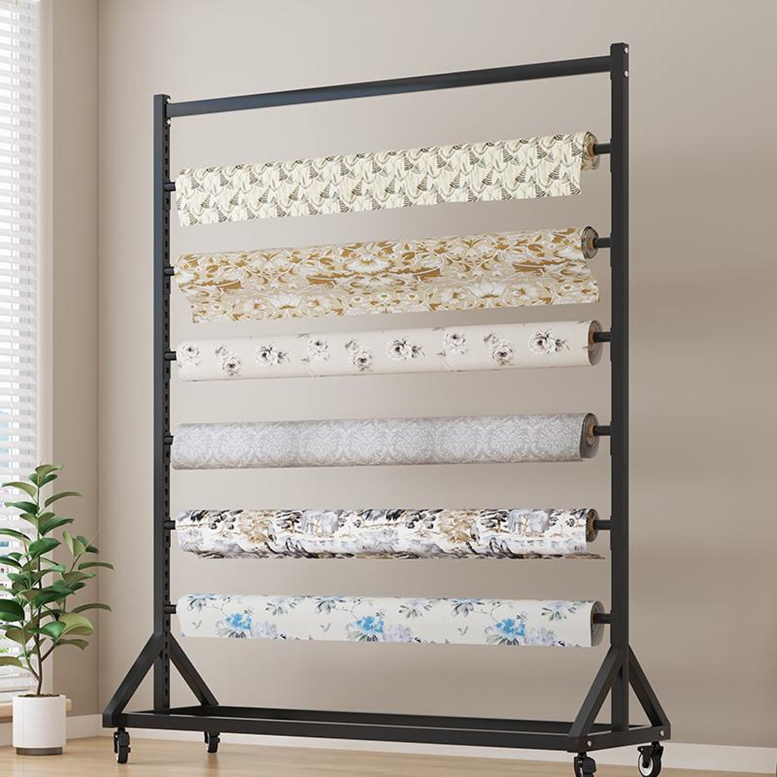 Commercial Sample Fabric Rolls Storage Rack with 6 Adjustable Hanging Rod, Movable Heavy Duty Steel Organizer Holder for Vinyl Rolls / Window Film / Wire Spool / Wrapping Paper Displays(176cm(69.3in))