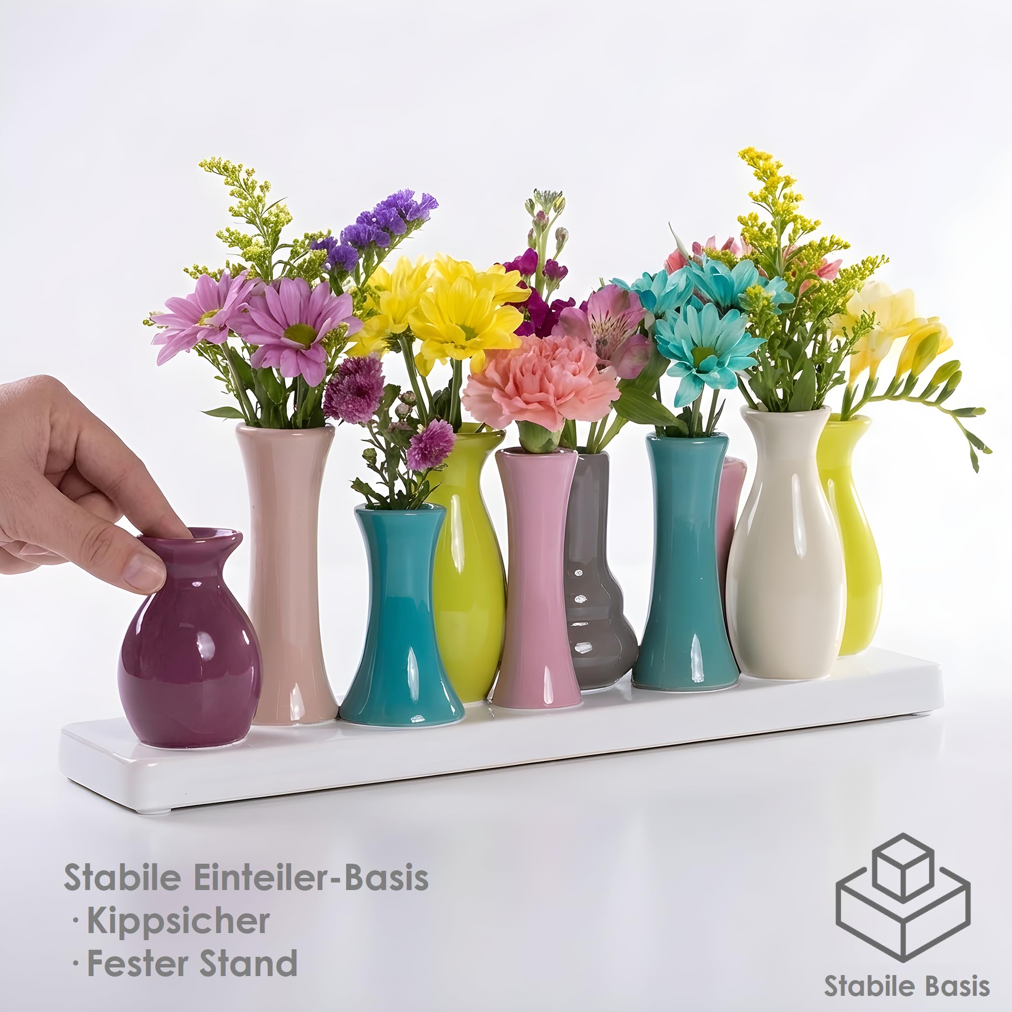 Jinfa Vasen Set - 10 kleine Blumenvasen bunt auf Sockel - Minivasen aus Keramik Deko Vasenset für Tischdeko