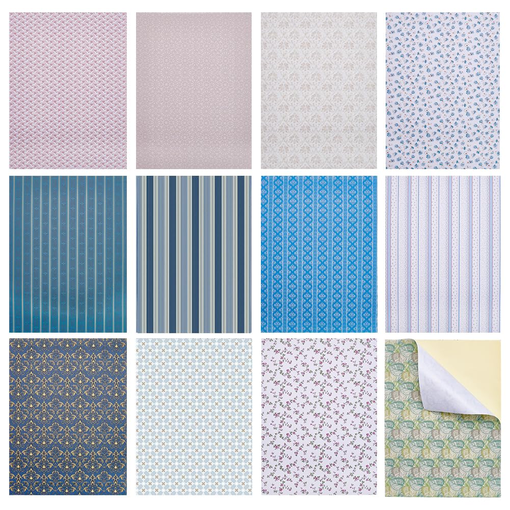 PH PandaHall 12 Sheets Dollhouse Wallpaper Mini House Decoration Sticker 12 Styles Miniature Dolls House Floor Paper DIY Self Adhesives Wall Paper for DIY Dollhouse Background 21x30cm