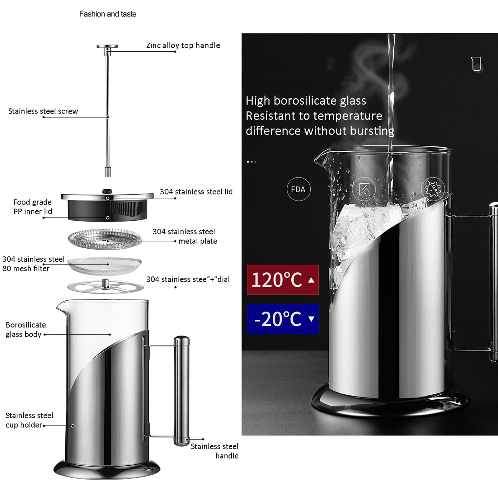 French Press ekspres do kawy - żaroodporny borokrzemowy praska do kawy ze stali nierdzewnej z 3-stopniowym filtrem - kawa i herbata - duża 1000 ml szklana karafka ekspres do kawy