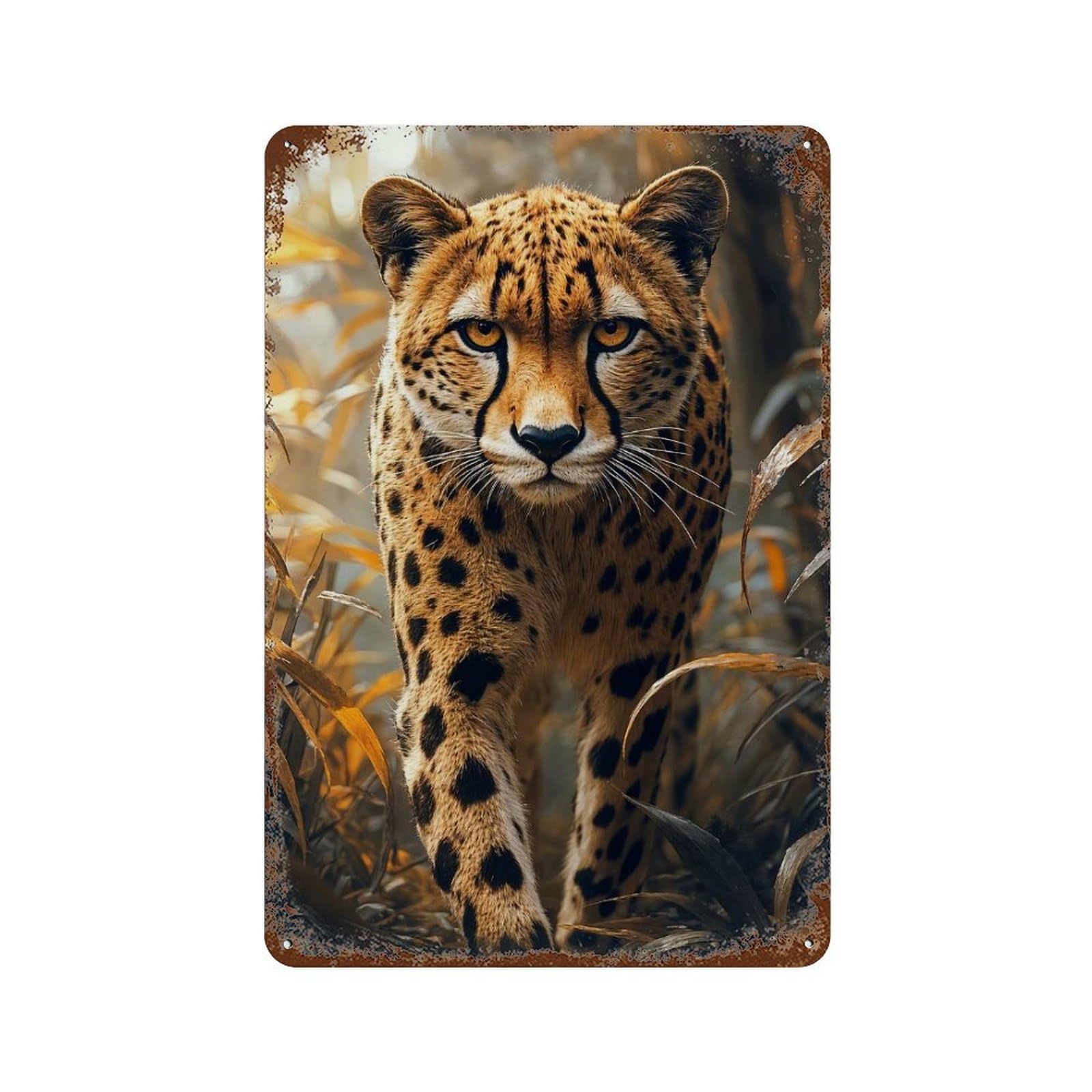 Garage Style Cheetah Portrait in The Wild Distressed Metal Wall Sign 11.8"x7.9", Shabby Chic Decor for Bar And Workshop