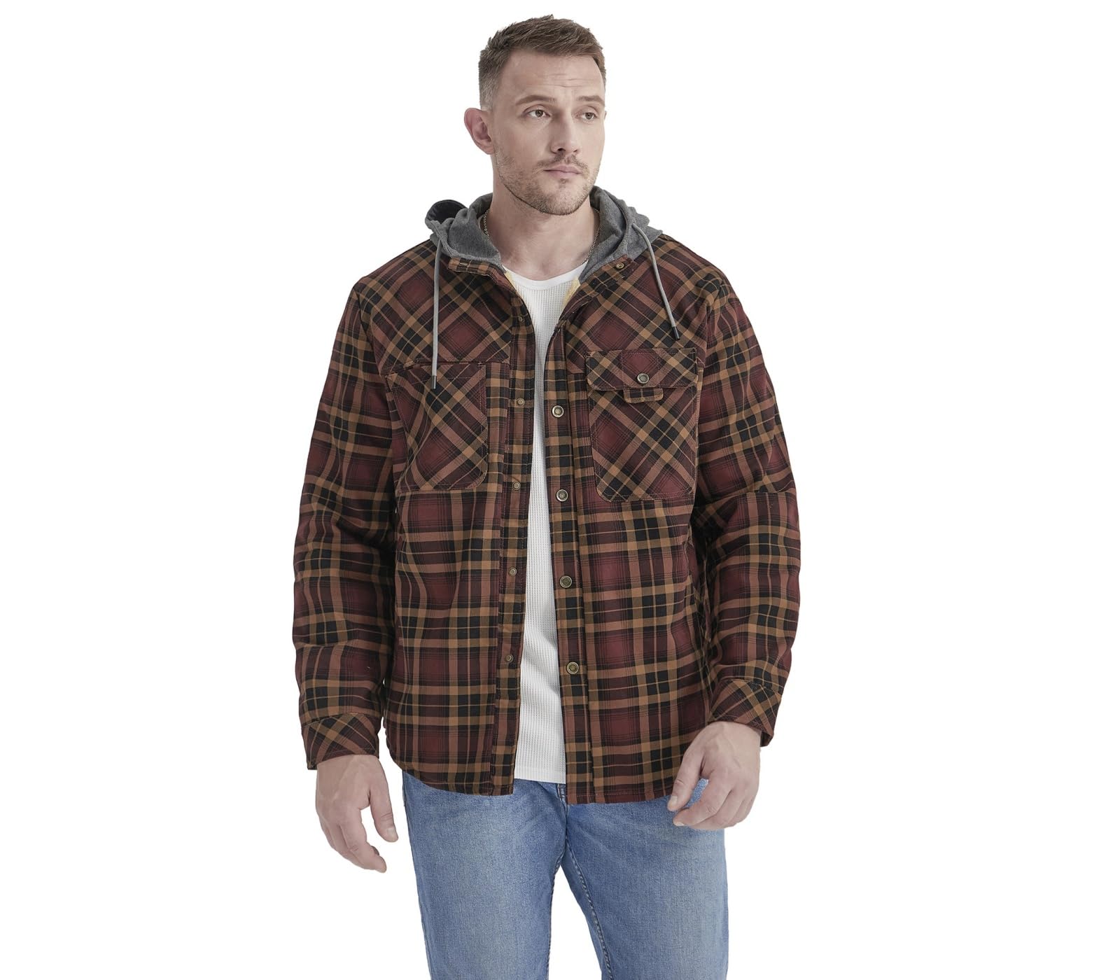 Męska flanelowa bluza z kapturem na co dzień, zapinana na guziki, bawełniana pikowana kurtka w kratę, ciepła podszewka z długim rękawem Sherpa bluza z kapturem męska