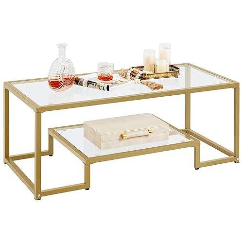 Yaheetech Gold Coffee Table, 42" Rectangular Glass Coffee Table for