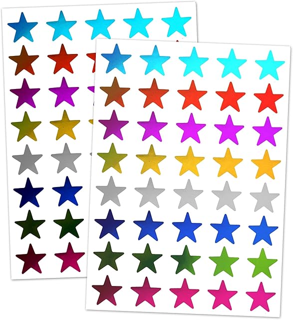 8 Colours, 1000 Pack, Foil Star Metallic Stickers, 15mm