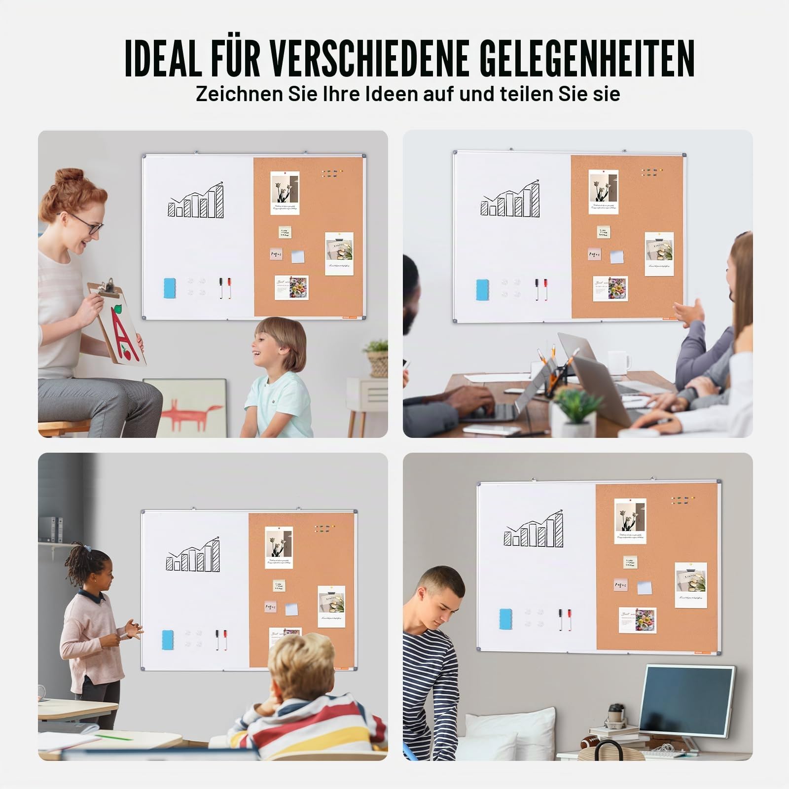 VEVOR Kombitafel Kork Pinnwand & Magnettafel 120 x 90 cm, 2 in 1 Memoboard Kombiboard, Aluminiumrahmen, magnetische, trocken abwischbare Pinnwand, ideal für Schule, Zuhause, Büro