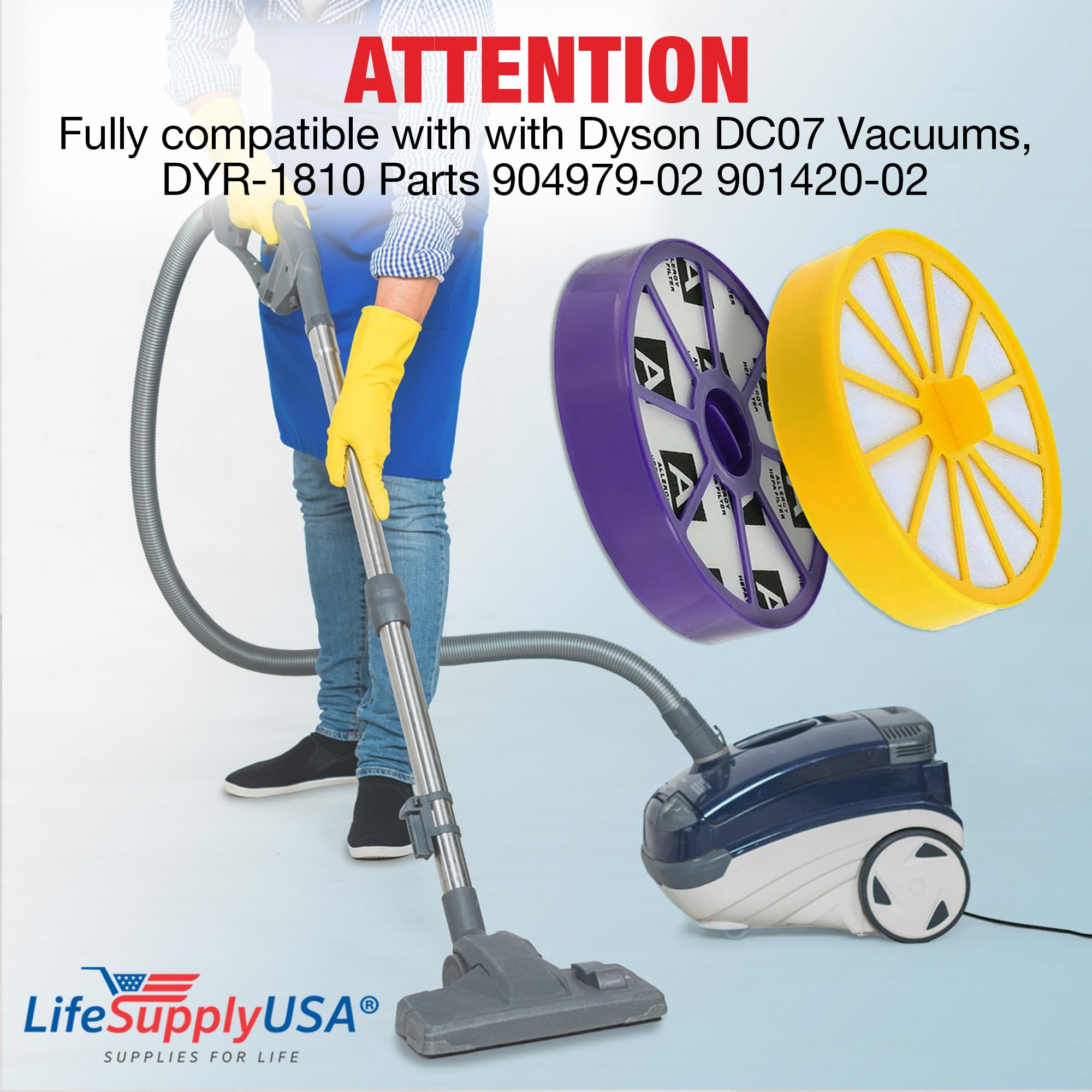 LifeSupplyUSA HEPA Post-Motor Filter & Pre-Motor Filter Kit Replacement with Rubber Seals Compatible with Dyson DC07 Vacuums, DYR-1810 Parts 904979-02 901420-02