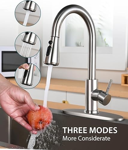 Miniatura 4 de Grifo de fregadero de cocina con rociador desplegable con placa de cubierta, grifo de arco alto de níquel cepillado, grifos modernos de acero