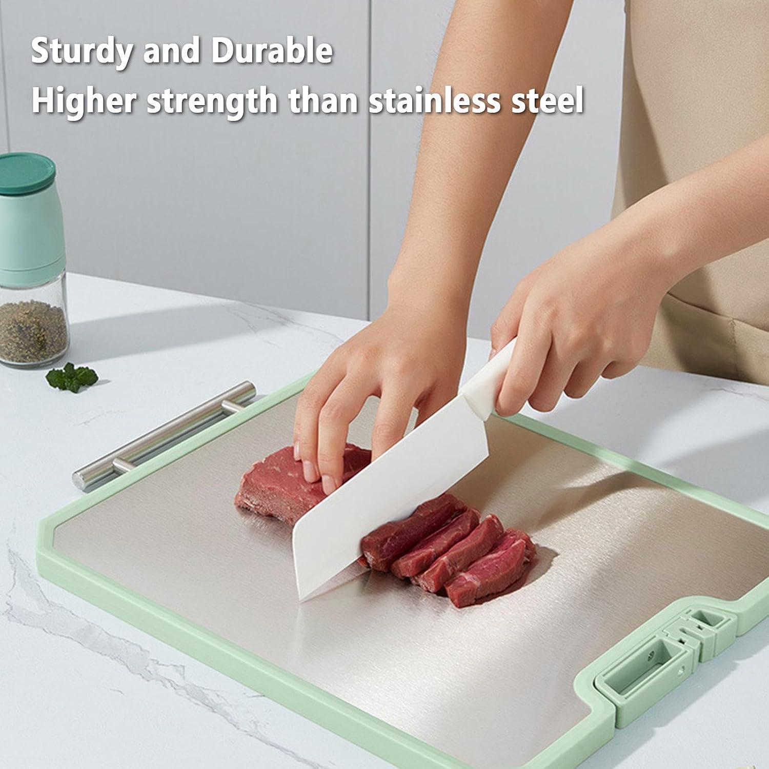 Titanium Cutting Boards Double-Sided Titanium/Wheat Straw, Large Size 15.7in×12in, Stainless Cutting Board with Handle and Stand Design