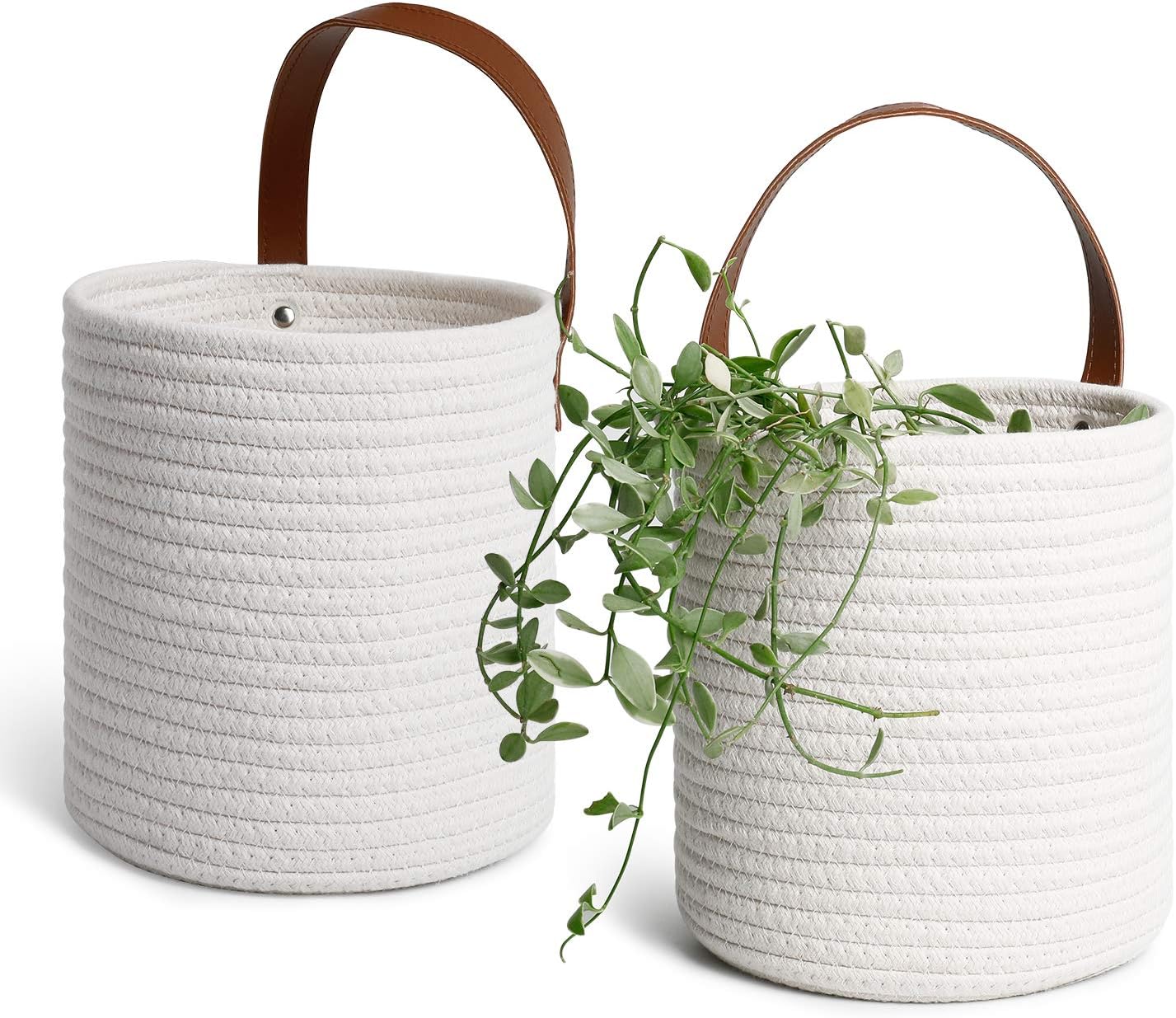 POTEY 710206 2pack Cotton Rope Hanging Baskets - 7.08 x 7.87 Wall Storage Bin for Key, Sunglasses, Wallet on Door, Modern Woven Wall Basket Decor for Flower Plants Organizer (White)