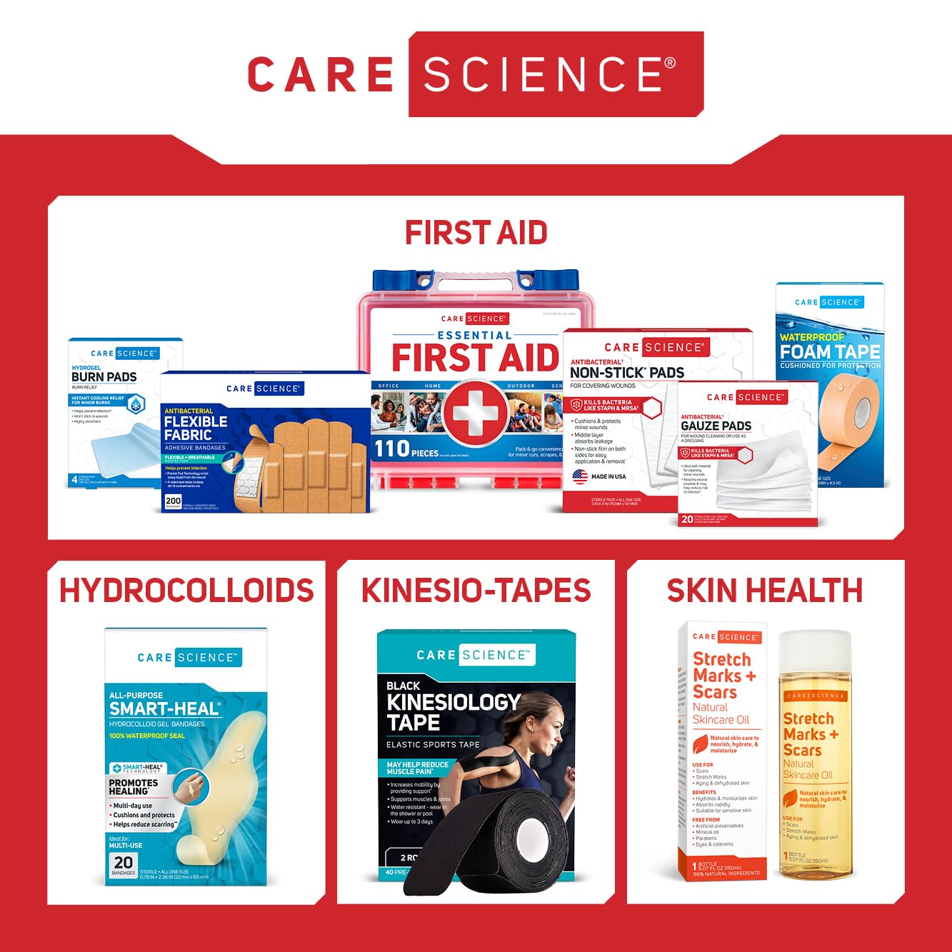 Care Science First Aid Kit, 110 Pieces | Professional Use for Travel, Work, School, Home, Car, Emergency, Survival, Camping, Hiking, and More