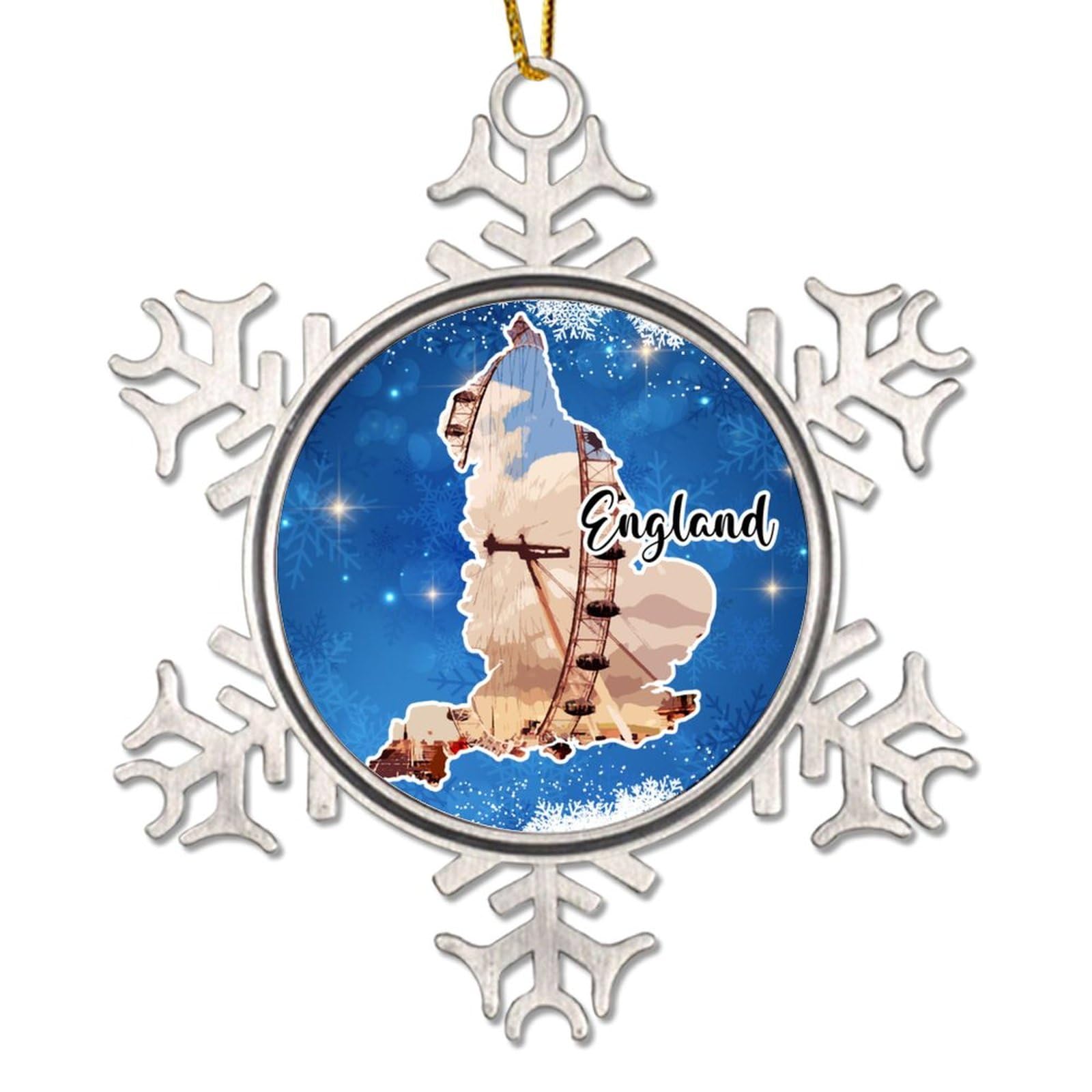 Podbyyou England Christmas Ornament - Flag Tree Decoration Ornaments Landscapes Cityscape Xmas Keepsake Gifts Metal Snowflake Xmas Tree Decoration New Year Party Decor Gift