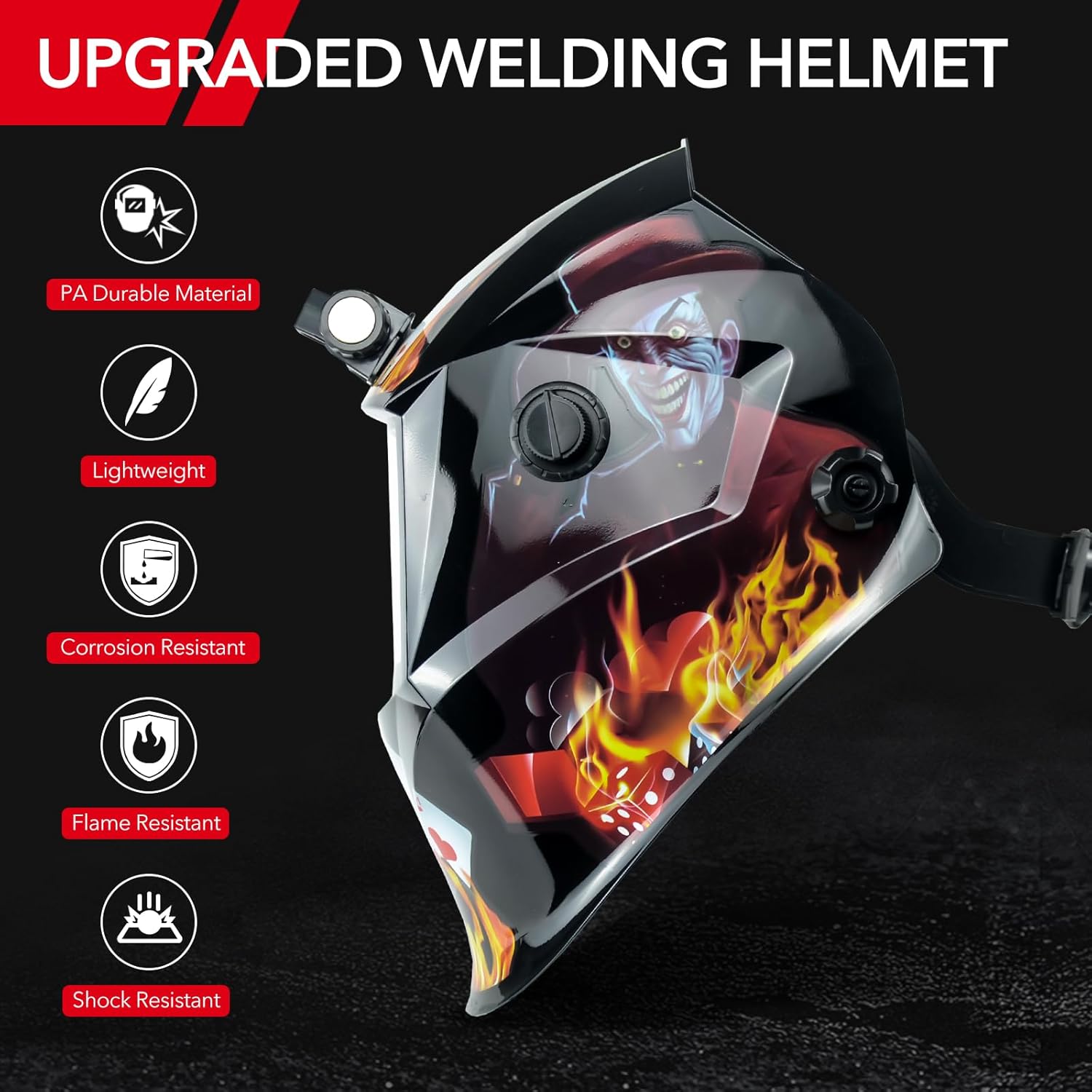 Upgraded Auto-Darkening Welding Helmet with Joker and Flame Design