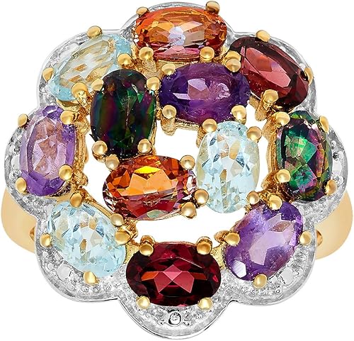 Anillo de plata de ley 925 chapada en oro y aguamarina amatista mística topacio rodolita granate piedra natal para mujer