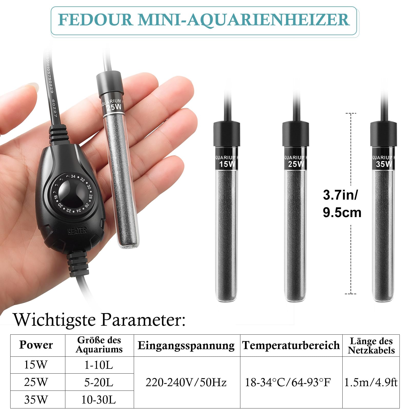 FEDOUR Mini Aquarium Heizung 15W 25W 35W Tauchbare Heizstab für 1-30L Aquarium mit externem Temperaturregler