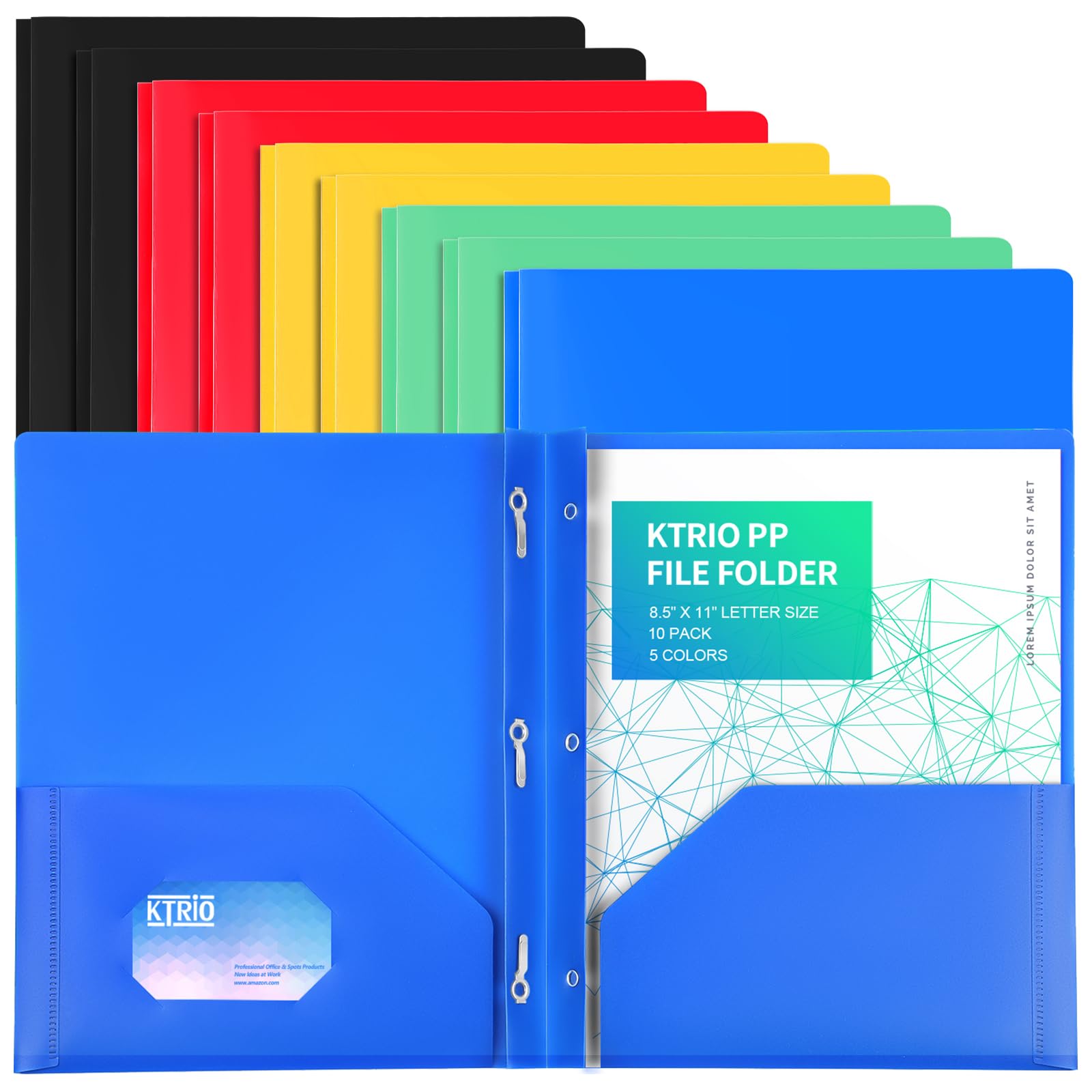 KTRIO Plastic Pocket Folders with Prongs, Colored Heavy Duty Pocket Folders with Business Card Slot, Letter Size, File Fasteners, for School Office