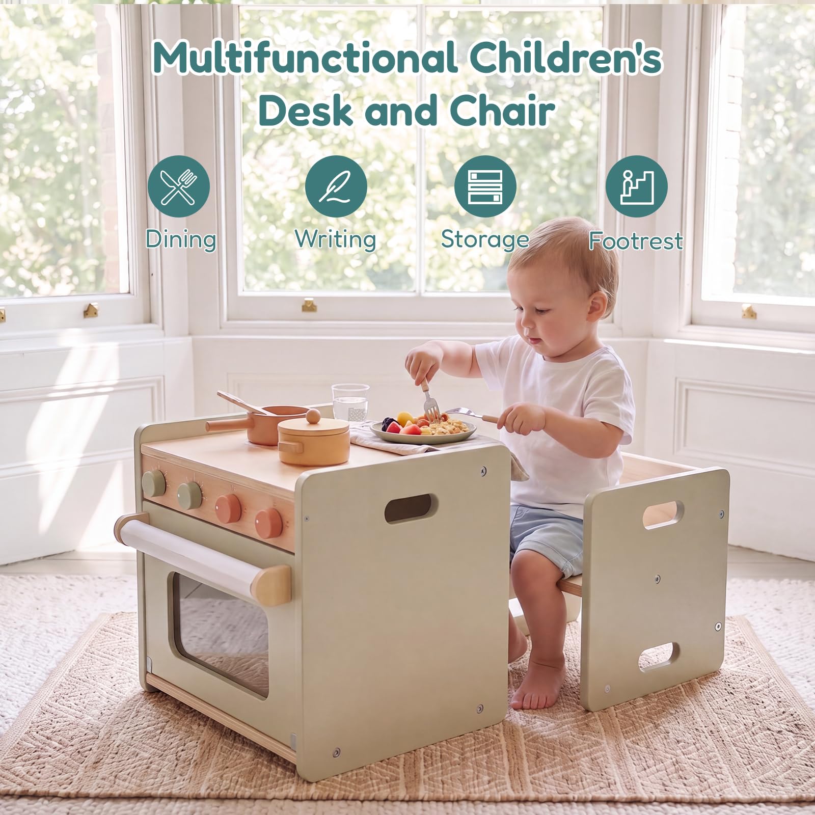 EDUBEBO Kinder Tisch Stuhl Set Holz im Kinderküche Ofen-Design, Montessori Kindertisch mit Stuhl & Zeichenpapierrolle, Kleinkindertischset Aktivitätstisch Spieltisch Essen, Sitzgruppe ab 1 Jahr