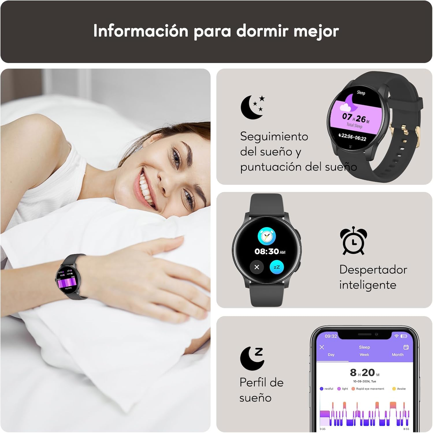 AcclaFit Reloj Inteligente Hombre Mujer con Llamadas Bluetooth, Smartwatch Esfera Redonda 1,38″ con 147+ Modos Deportivos, Pulsómetro, Monitor de Sueño, IP68 Impermeable, Compatible con Android iOS 5