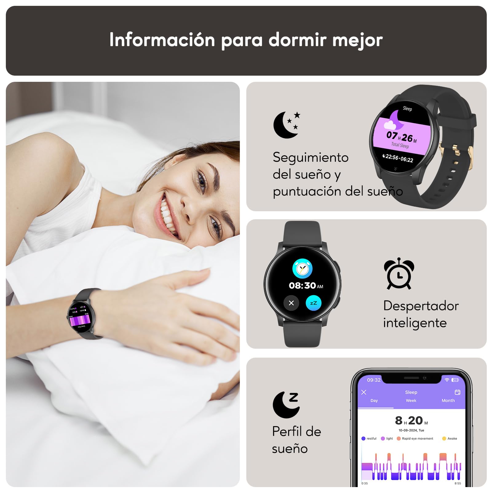 AcclaFit Reloj Inteligente Hombre Mujer con Llamadas Bluetooth, Smartwatch Esfera Redonda 1,38" con 147+ Modos Deportivos, Pulsómetro, Monitor de Sueño, IP68 Impermeable, Compatible con Android iOS