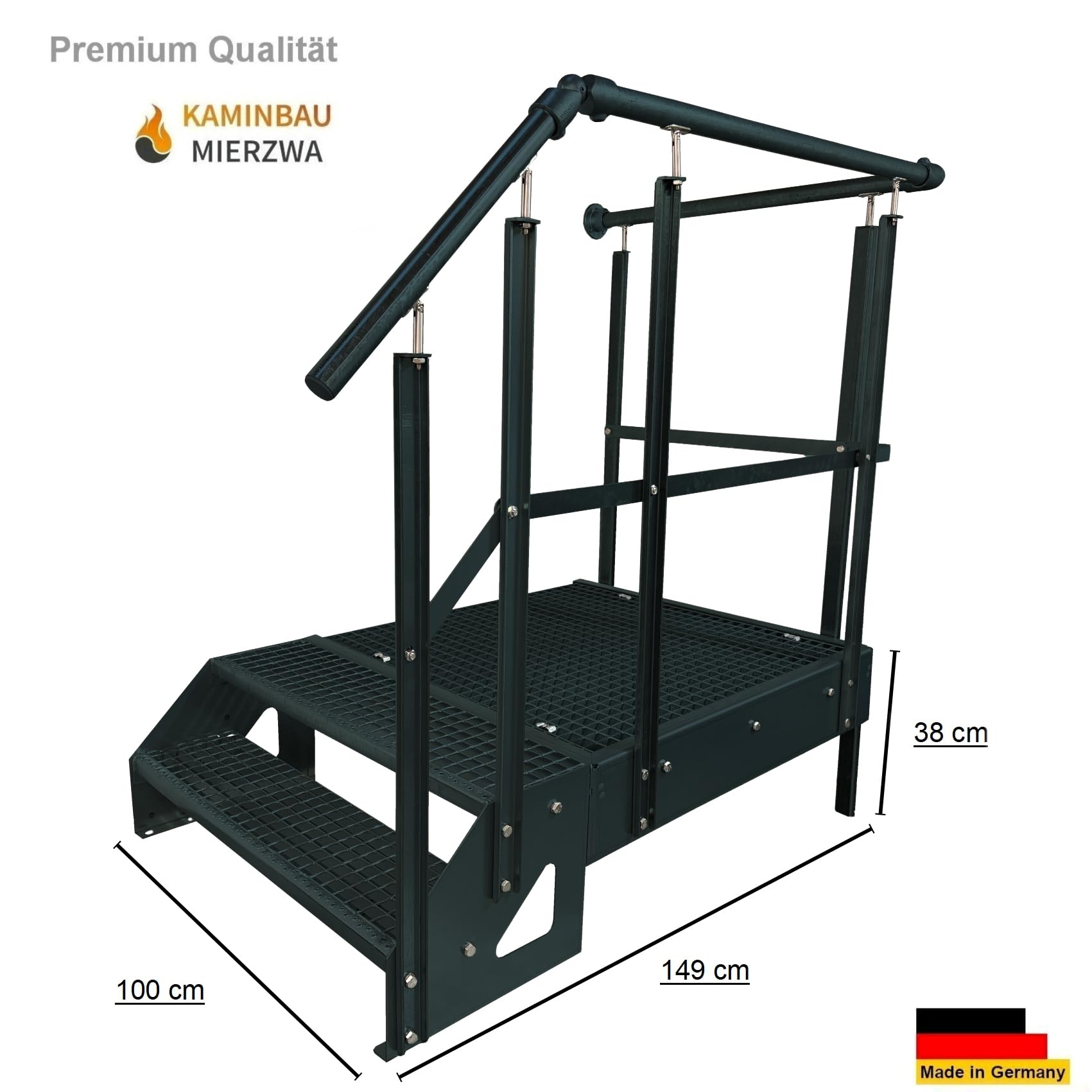 Schody podestowe stalowe 2 stopnie, wolnostojące, wysokość 38 cm, łącznie z podestem 100 x 100 cm, z poręczą, w całości w kolorze antracytowym RAL 7016, orientacja, schody, lewa, schody zewnętrzne