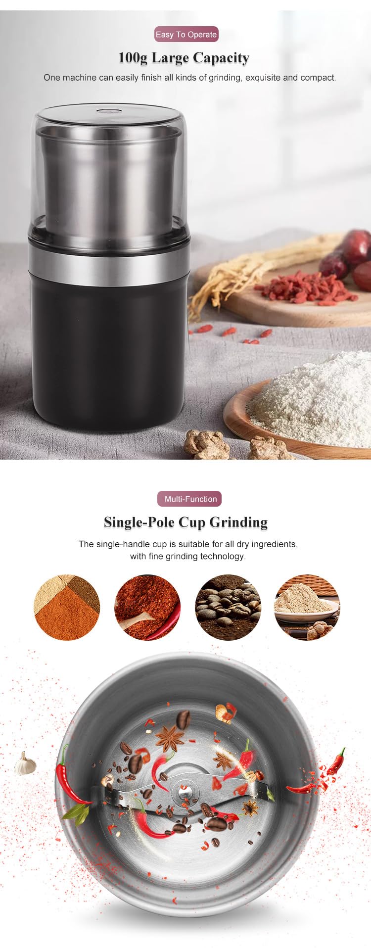 Electric Coffee Grinder Spice Herbal Grinder, with 1 Stainless Steel Blades Removable Stainless Steel Bowl,200W Motor High-efficiency Grinding for Herb,Spices Coffee, Nuts est