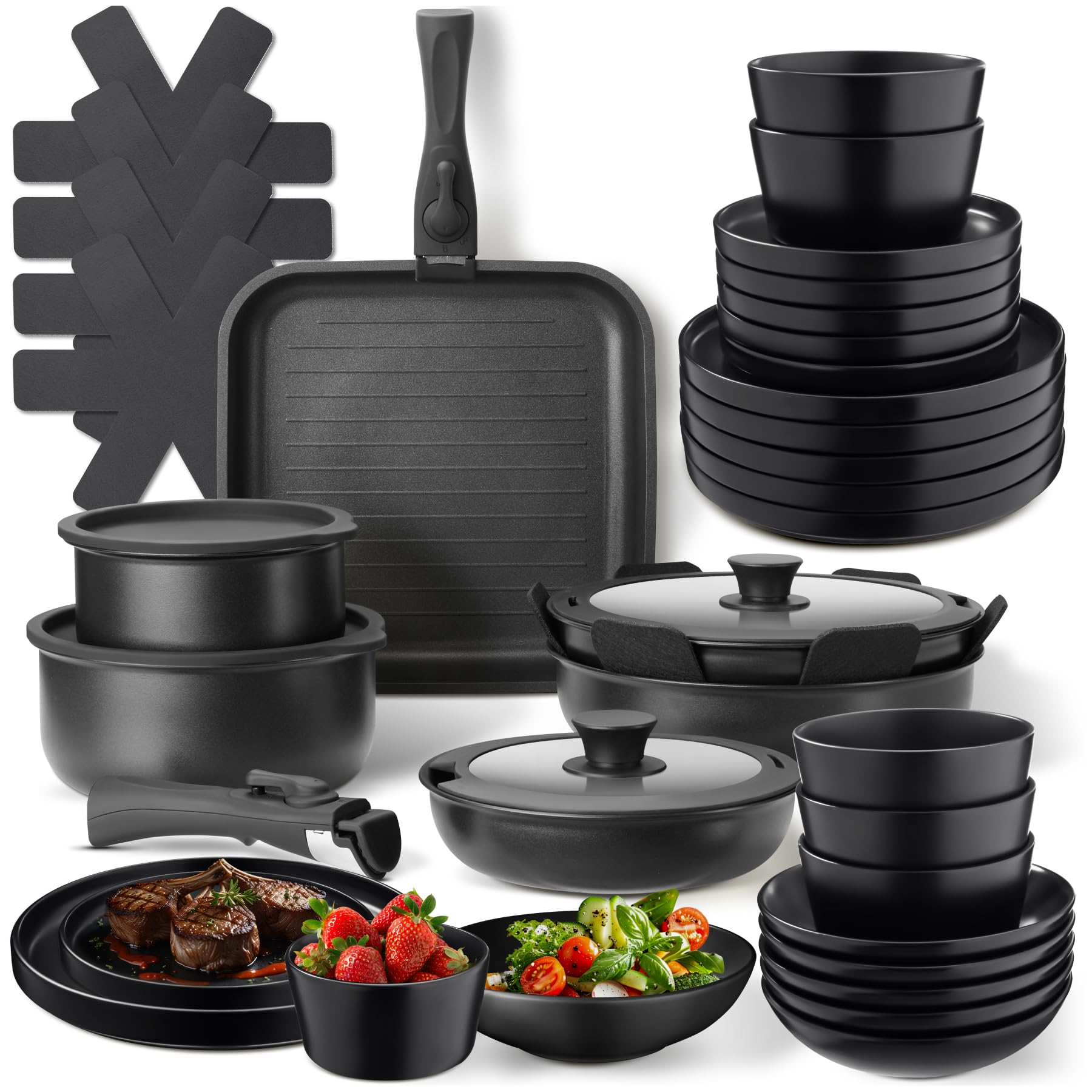 tectake® 41-tlg. Küchenstarterset, Steingut Geschirrset 6 Personen, Teller Set, 2x Kochtopf, 4x Bratpfanne mit Deckel, rostfrei, abnehmbare Griffe, induktionsgeeignet, inkl. Topfschoner - schwarz