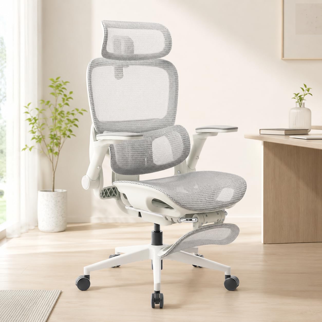 SIHOO SIHOO B300 PRO Comfy Ergonomic Office Chair with FOOTREST, Mesh Computer Chair with 360° FILP-up 6D Armrests, 135° Reclining, Breathable Desk Chair for Home Office, Holds 300 LBS-White