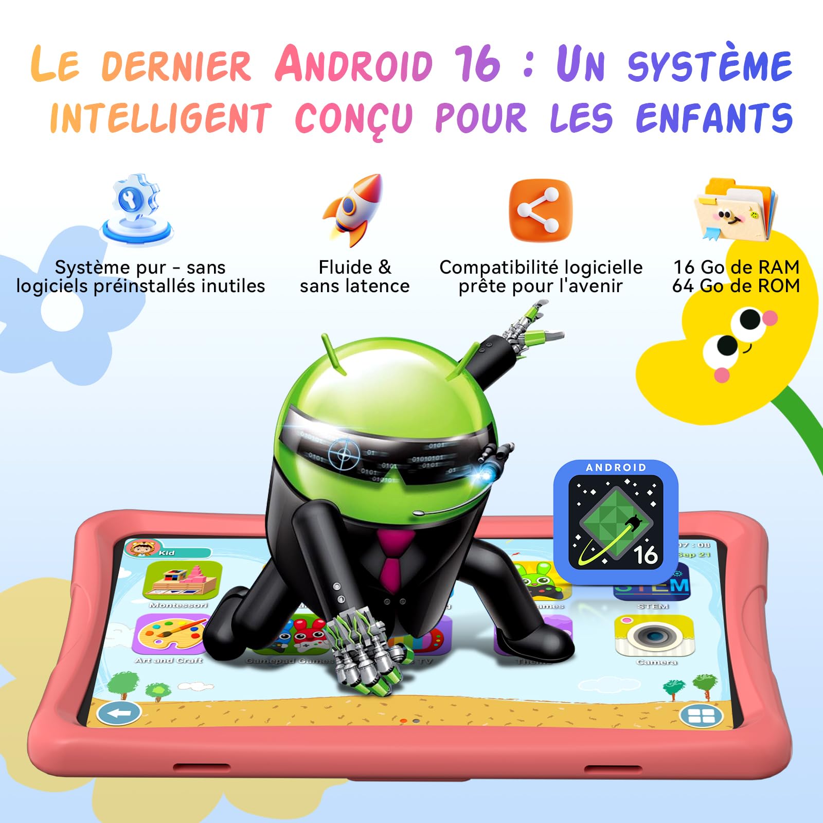 Tablette Enfants 10 Pouces, Android 16 Tablette pour Enfant 3-14 Ans Éducative, 16Go(4+12) RAM + 64Go ROM/2To TF, Contrôle Parental, GMS, 5000mAh, WiFi6, Garantie de 4 ans, Tablet avec Stylet, Rosa