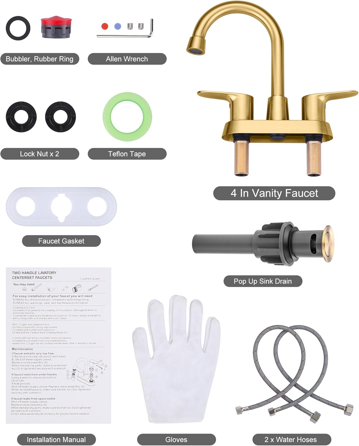 4 Inch Bathroom Faucet 3 Hole, 2 Handle Centerset Bathroom Vanity Sink Faucet, 360° Swivel Spout Lavatory Modern Bathroom Faucets with Pop-up Drain Assembly and 2 Hoses(Gold)