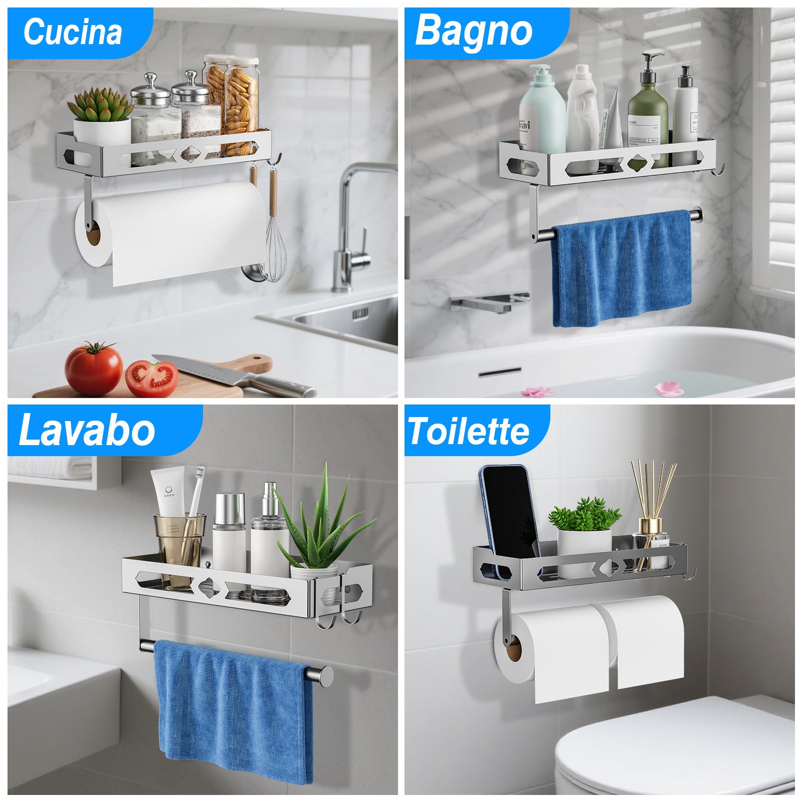 BOIVSHI portaspezie con portarotolo e ganci, Portaspezie Da Appendere con portaro tolo, mensola da cucina da parete, argento