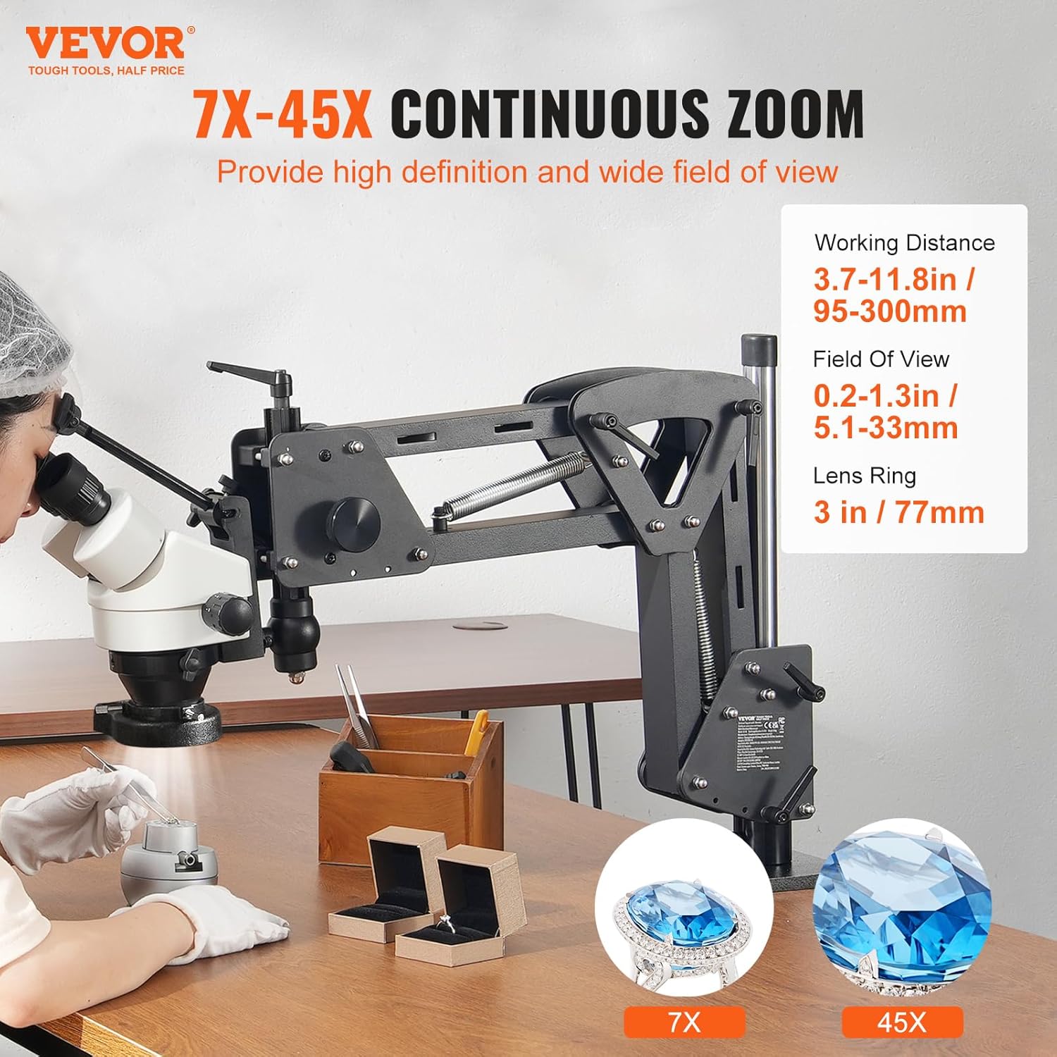 VEVOR Multi-Directional Microscope with Spring Bracket, 7X-45X Magnification Jewelry Microscope, Micro Jewelry Inlaid Stand with Integrated USB Ring LED Light and 360° Ball Vise, for Jewelry Inlay