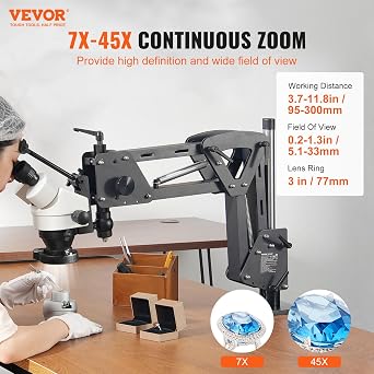 VEVOR Multidirektionales Mikroskop mit Federhalterung Schmuckmikroskop 7X-45X Gesamtvergrößerung Mikro-Schmuck-Intarsienständer mit integriertem USB-Ring-LED-Licht und 360°-Kugelschraubstock