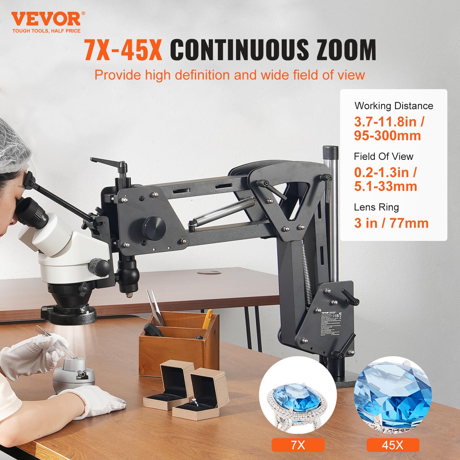 Microscopio multidireccional VEVOR con soporte de resorte, microscopio de joyería con aumento de 7X-45X, soporte para incrustaciones de microjoyas con luz LED de anillo USB integrada y tornillo de ban