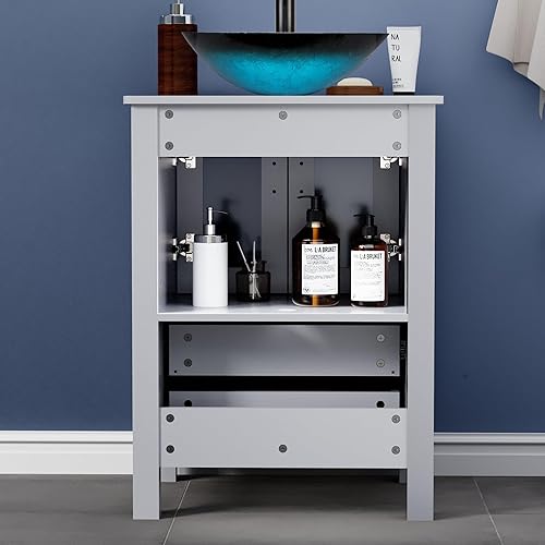 Miniatura 5 de Vanidad de baño gris 24, combo de lavabo de vidrio templado, fregadero de estilo, grifo de 1.5 GPM de bronce aceitado, tocador de baño con lavabo,