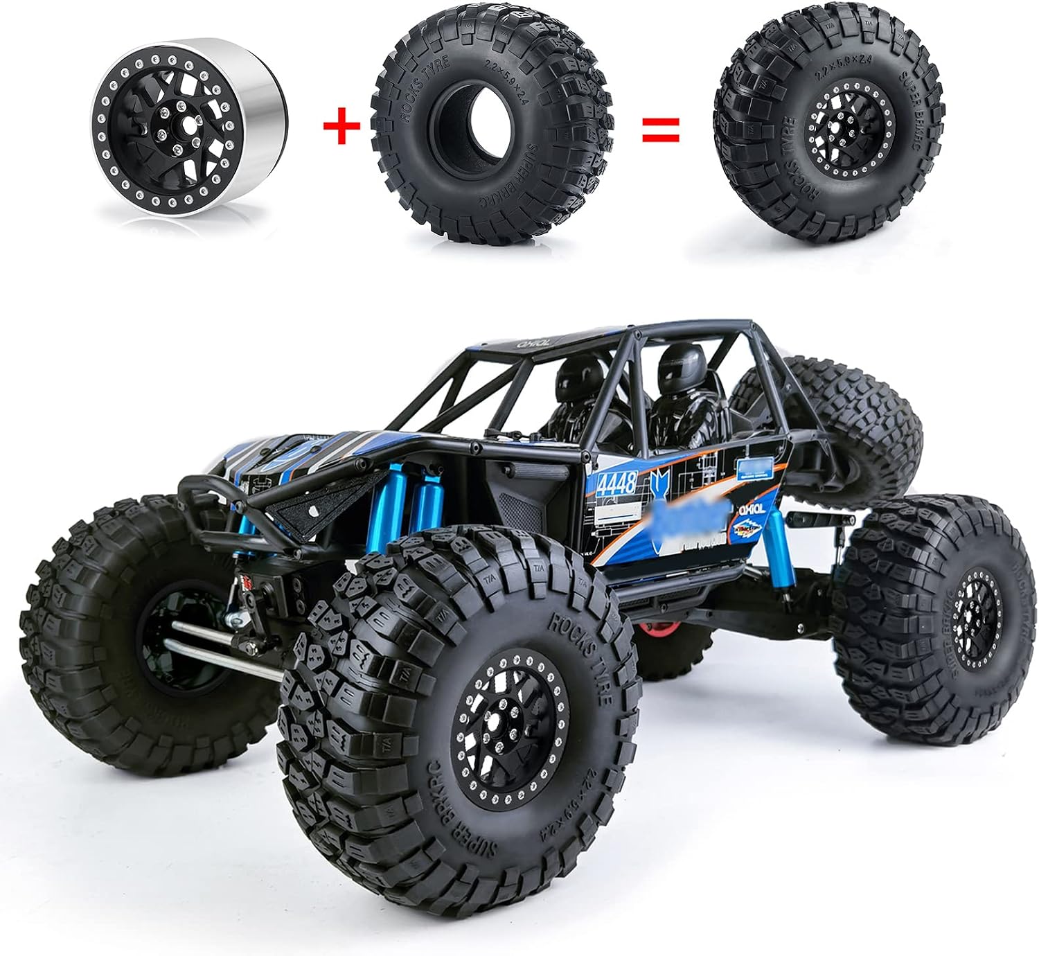 Que-T 4pcs/Set Wheel Tires Set, 2.2inches Wheel Rims Hubs with 150mm Rubber Tires Tyres for Axial RBX10 AXI03005 RR10 1/10 RC Crawler Car (Matte Black)