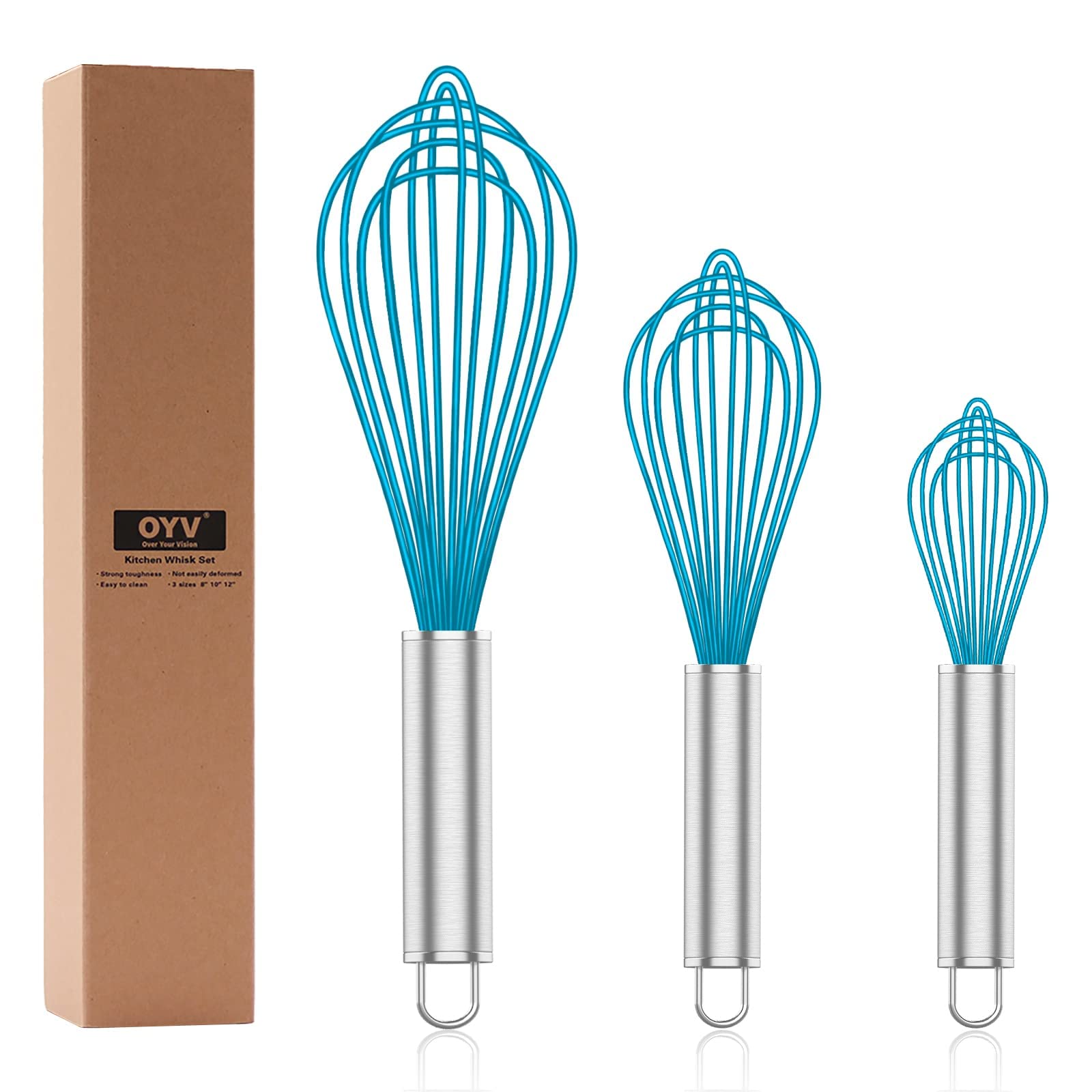 OYV Silicone Whisk,Professional Whisks For Cooking Non Scratch,Stainless Steel & Silicone Wisk,Plastic Rubber Whisk Tool For Nonstick Cookware Pans,Silicon Wisks Set of 3,Blue.