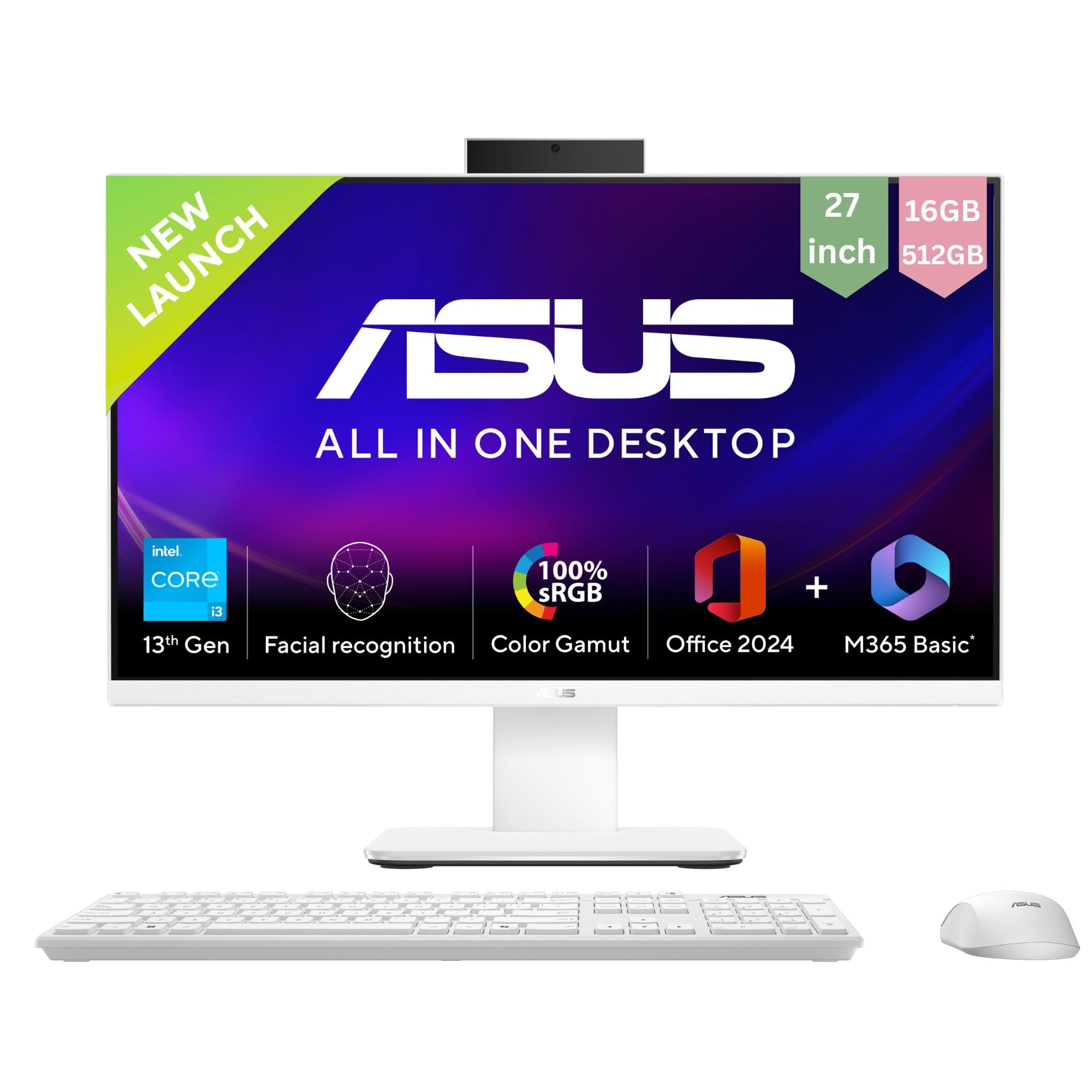 ASUS AiO V470,13th Gen Intel Core i3-1315U, 27" FHD,100Hz,All-in-One PC(16GB RAM/512GB SSD/Windows 11/Office 24/Retractable Camera/Wireless Keyboard & Mouse/M365 Basic (1Year)*) V470VAB-KWPE002WS