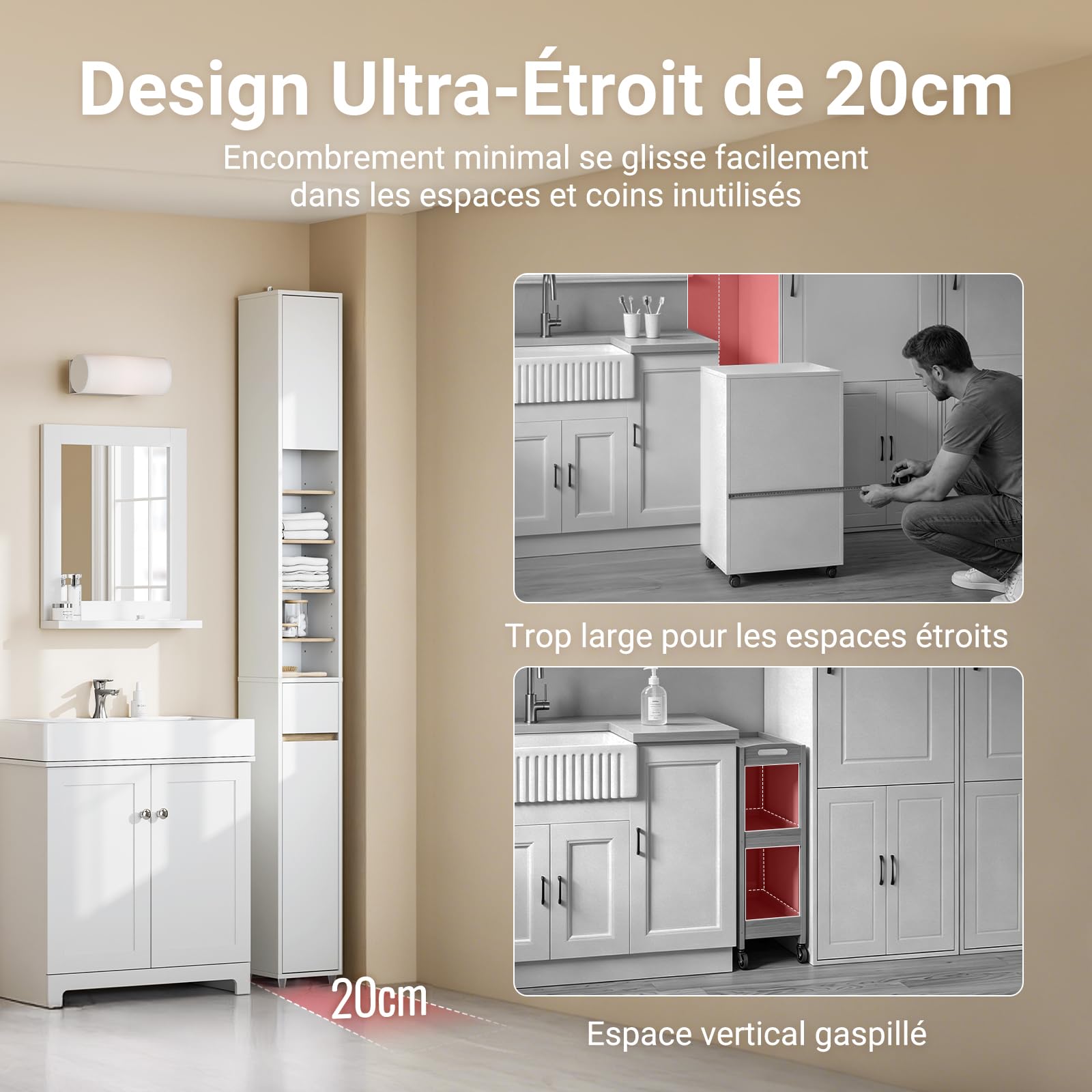 SoBuy Meuble Salle de Bain Colonne Salle de Bain 180cm Armoire de Rangement Étroite 20x20cm avec Étagères Réglables et Tiroir - Colonne Gain de Place pour WC, Lavabo, Buanderie Blanc BZR34-WN
