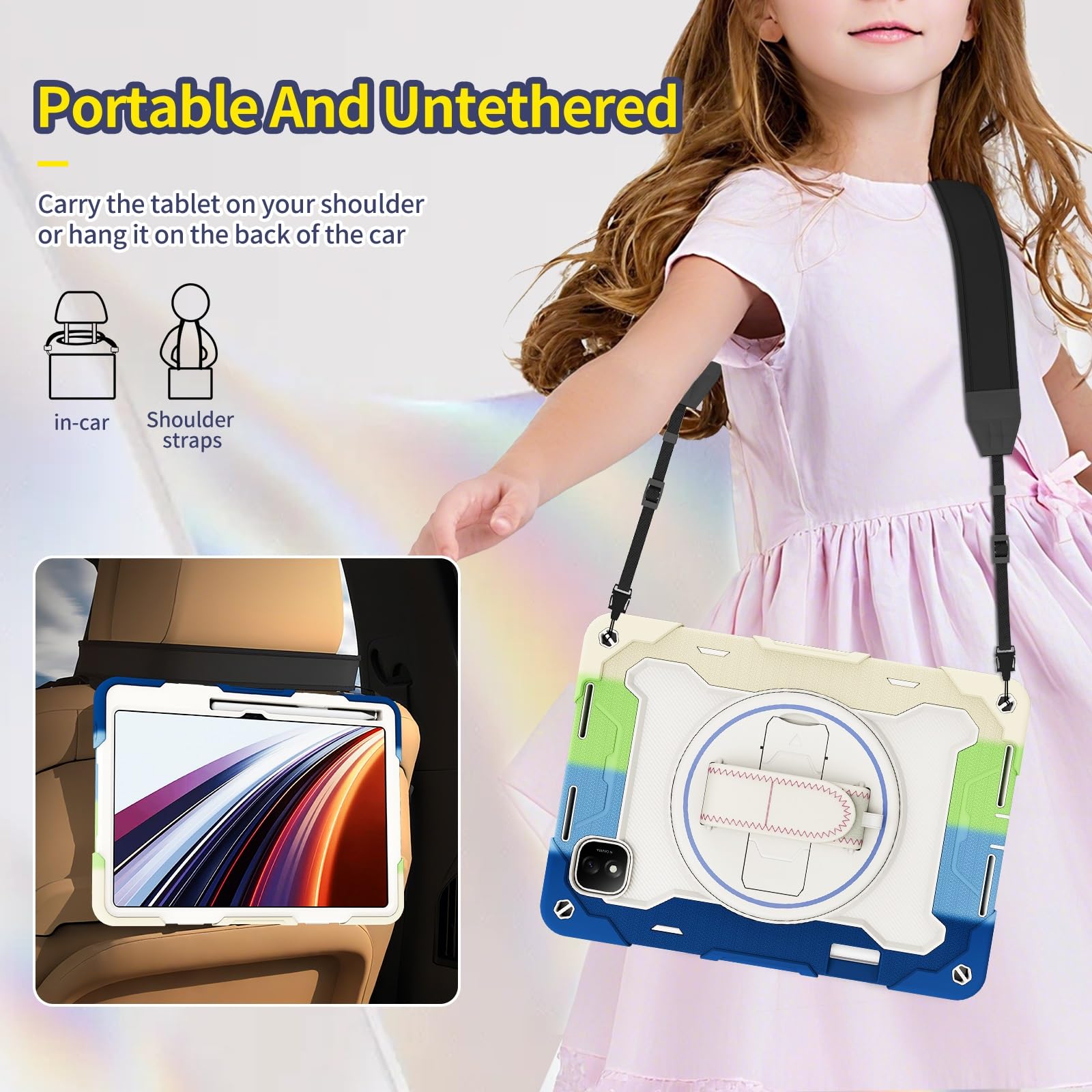 Pokrowiec na tablet Odporny na wstrząsy futerał na tablet Honor Pad GT Pro 12,3" / MagicPad 2 12,3" Etui dziecięce Etui TPU Podpórka Wytrzymała osłona ochronna z paskiem na rękę Pasek do noszenia(Blu)