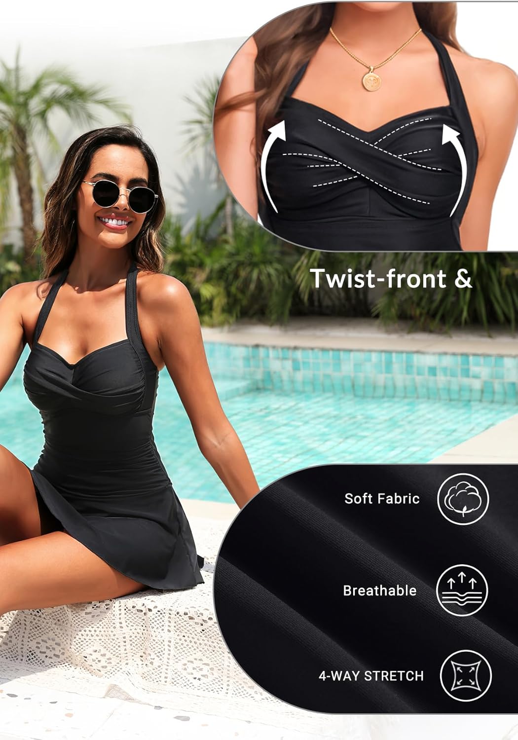 Tempt Me Women One Piece Swimsuit with Skirt Tummy Control Swim Dress Halter Vintage Bathing Suit - Image 5