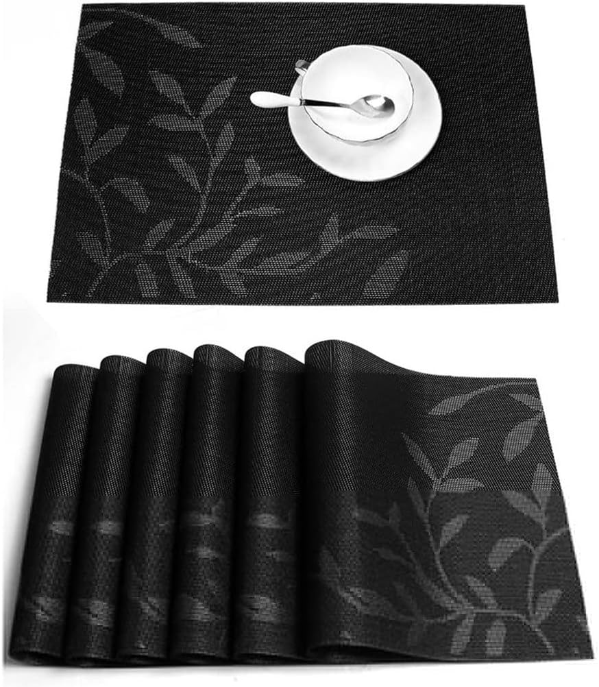 Black PVC Placemat Jacquard Table Mat Coffee Shop Non-Slip Hot Placemat Bowl Mat Coaster Table Mat Kitchen Accessories (Color : A Size : 30x45cm 4pcs)